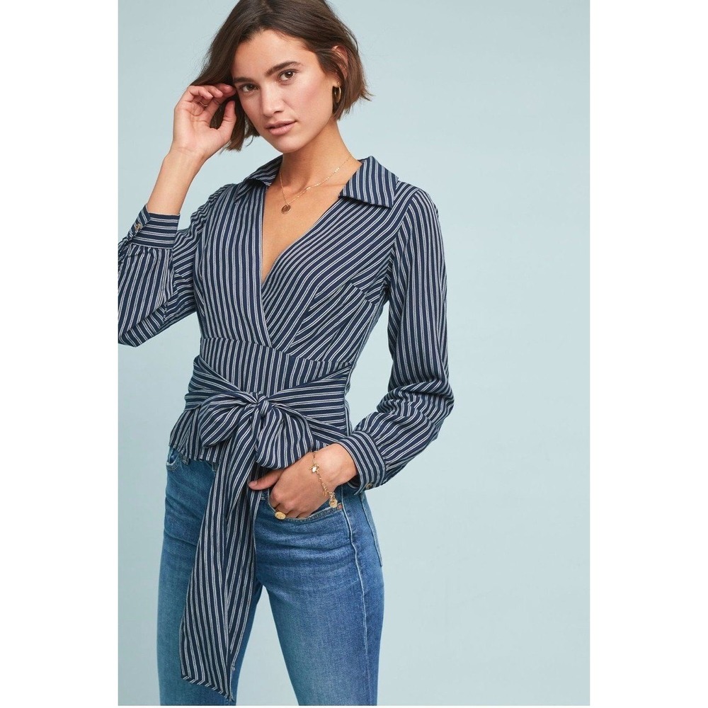 Maeve‎ Anthropologie Navy White Pinstripe Wrap Tie Back Blouse Top Size 8